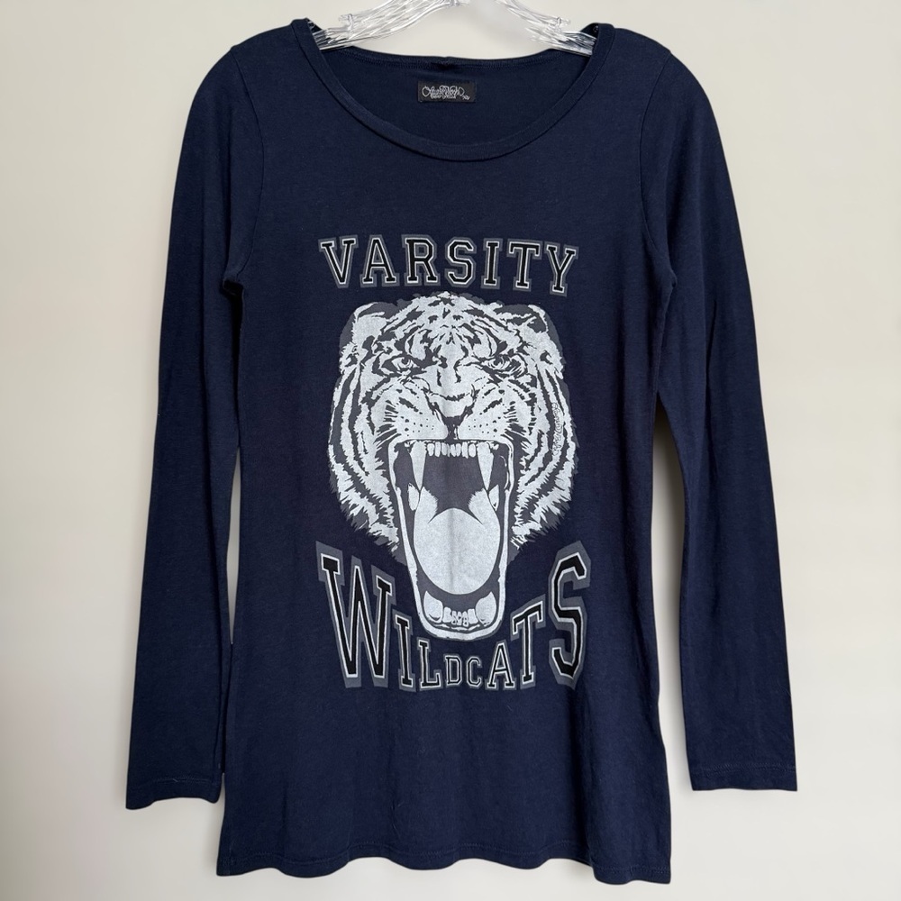Lauren Moshi Blue Varsity Wildcats Top Size XS Long Sleeve Preppy Made in USA